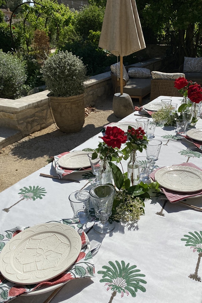 Mantel Island Green – blanco/verde – estampado palmeras – 100% algodón – boho chic – Jardín Botánico – Miss June Paris – 4