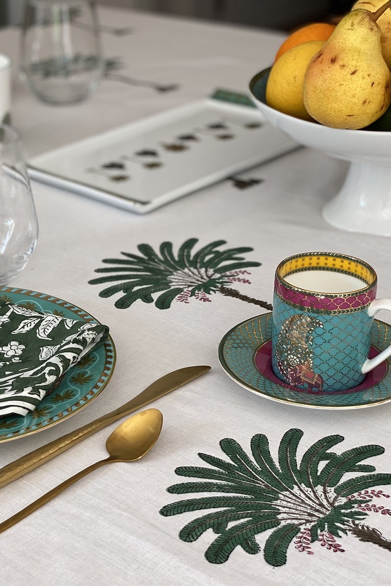 Mantel Island Green – blanco/verde – estampado palmeras – 100% algodón – boho chic – Jardín Botánico – Miss June Paris – 5