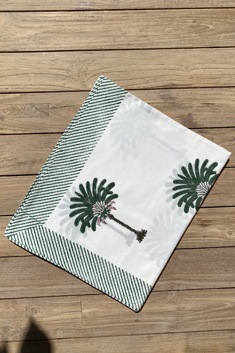 Nappe Island Green - blanche/vert - imprimés palmiers - 100% coton - boho chic - Jardin Botanique - Miss June Paris - 6