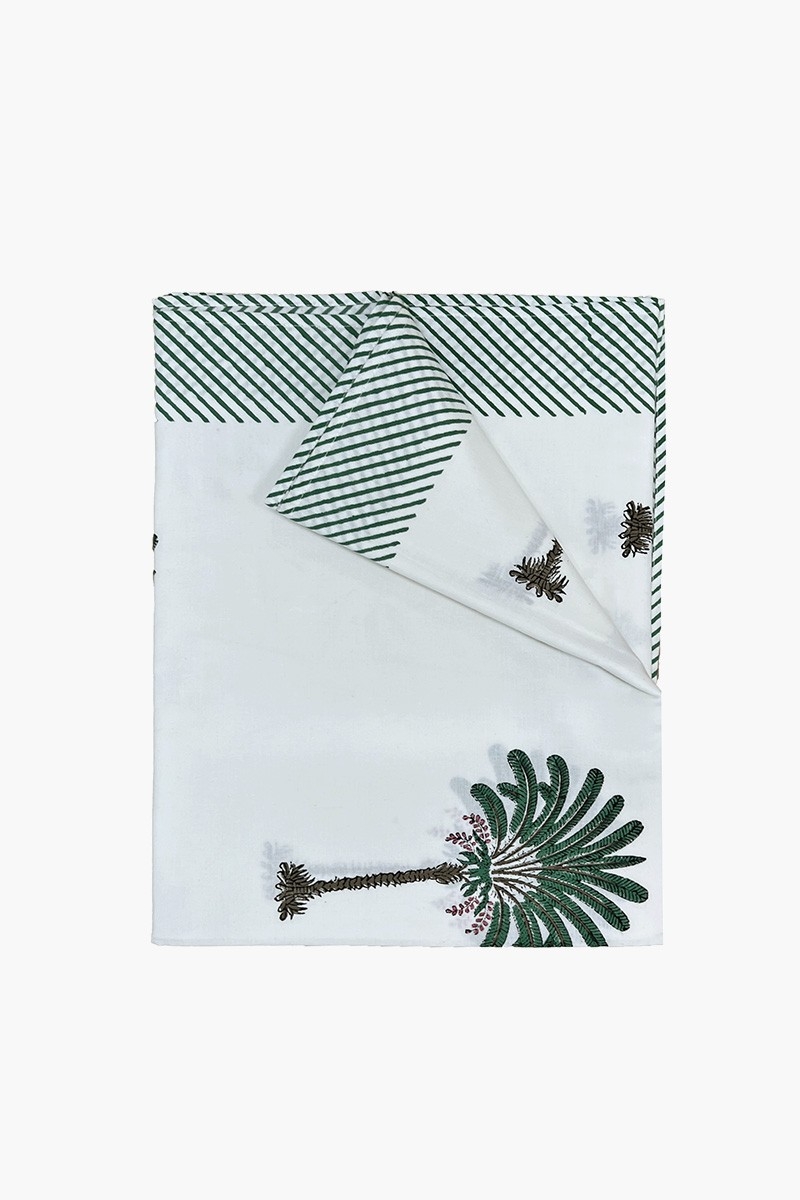 Nappe Island Green - blanche/vert - imprimés palmiers - 100% coton - boho chic - Jardin Botanique - Miss June Paris - 1
