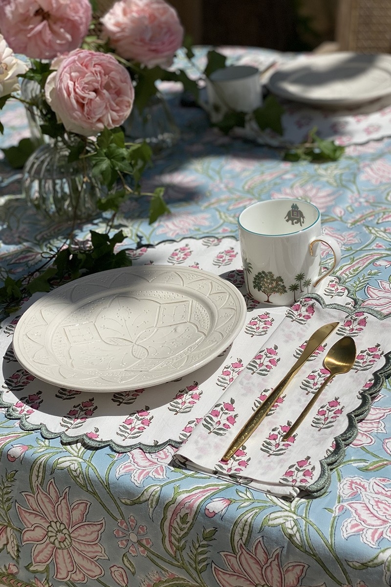Nappe Calypso Blue - bleu/rose - 100% coton - boho chic - Jardin Botanic - Miss June Paris - 3