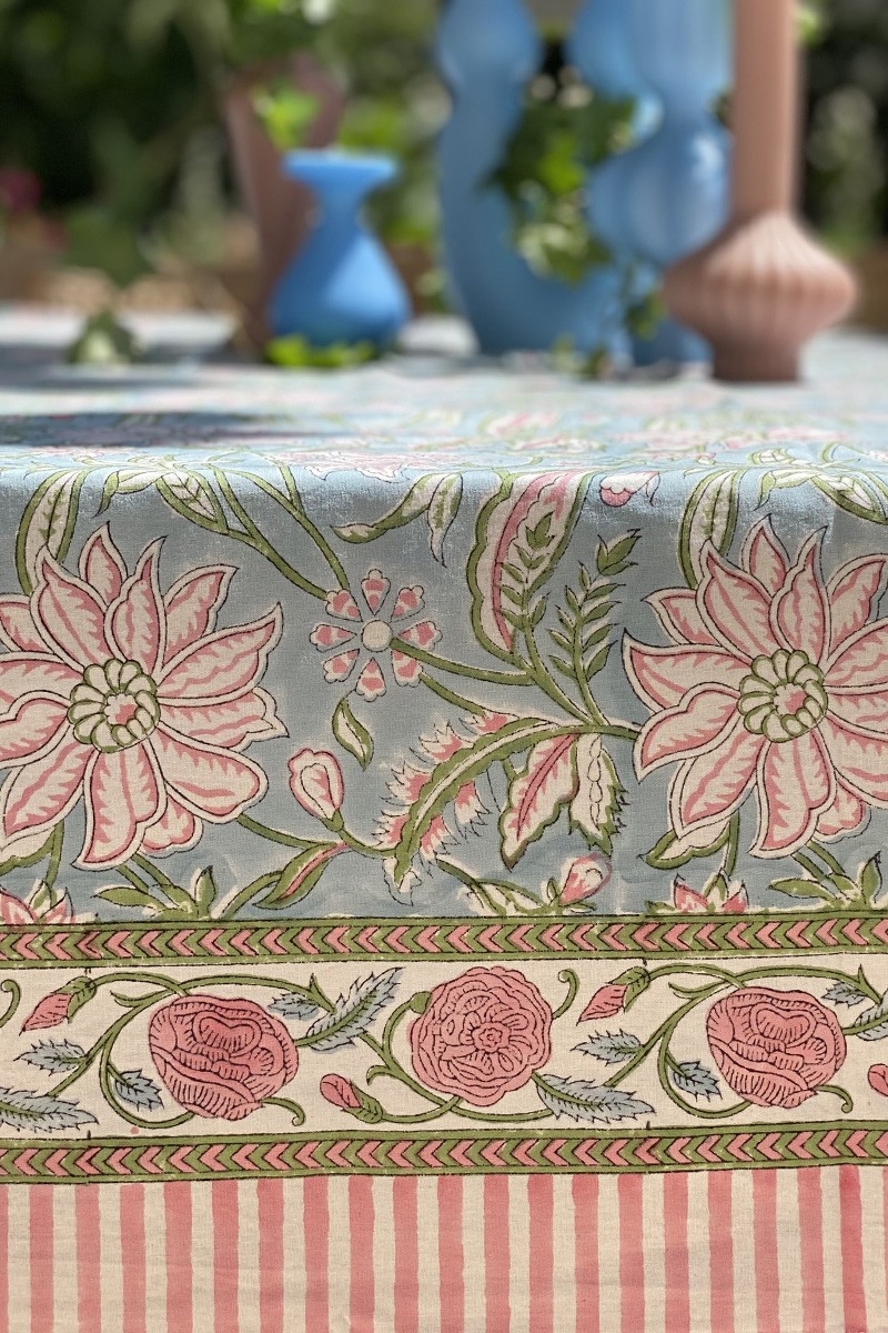 Nappe Calypso Blue - bleu/rose - 100% coton - boho chic - Jardin Botanic - Miss June Paris - 5