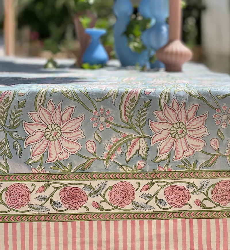 Calypso Blue Tablecloth – blue/pink – 100% cotton – boho chic – Jardin Botanique – Miss June Paris – 5