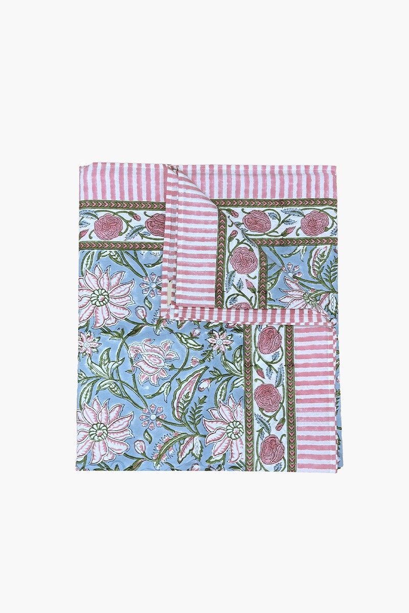 Nappe Calypso Blue - bleu/rose - 100% coton - boho chic - Jardin Botanic - Miss June Paris - 1