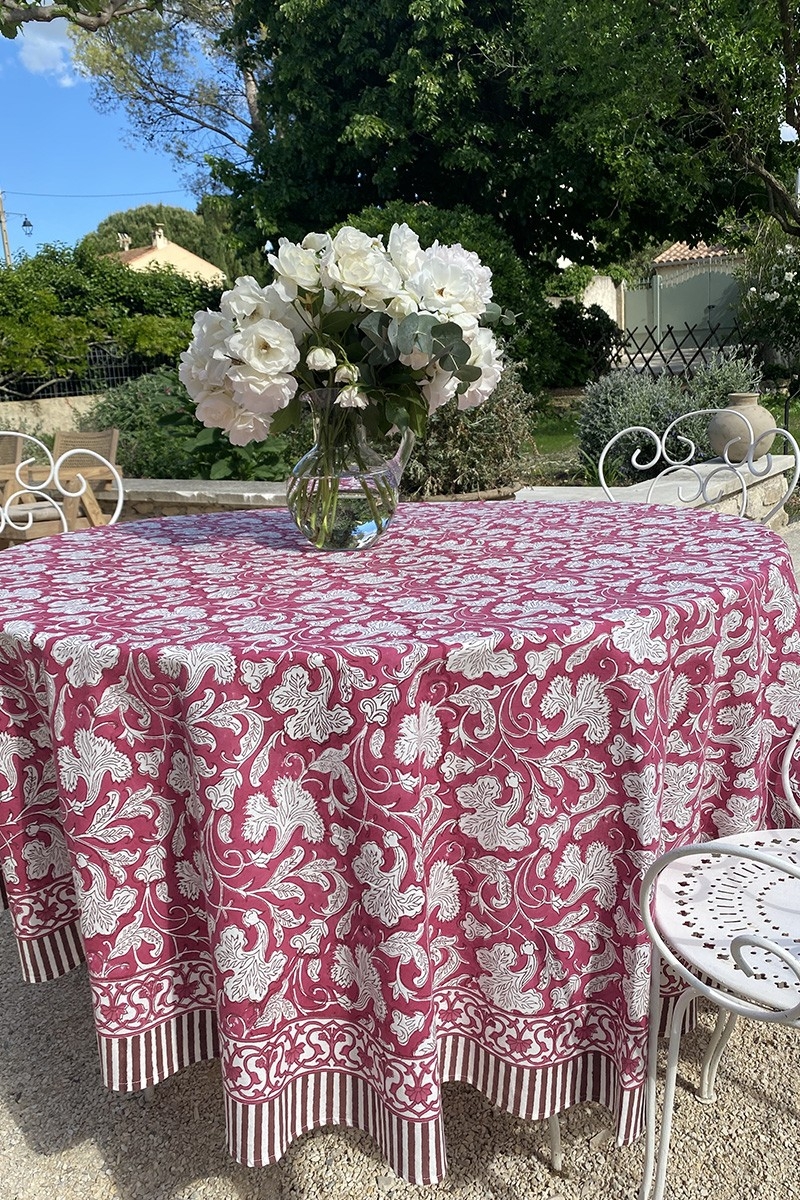 Mantel Pink Lady – burdeos/blanco – 100% algodón – estampado floral – estilo boho chic – Jardín Botánico – Miss June Paris – 3