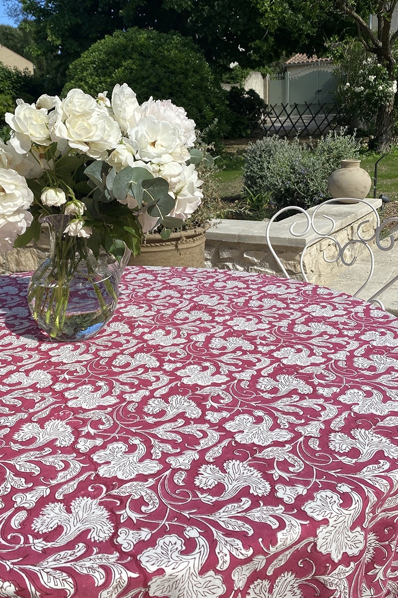 Nappe Pink Lady - bordeaux/blanche - 100% coton - imprimé fleuri - boho chic - Jardin Botanic - Miss June Paris - 6