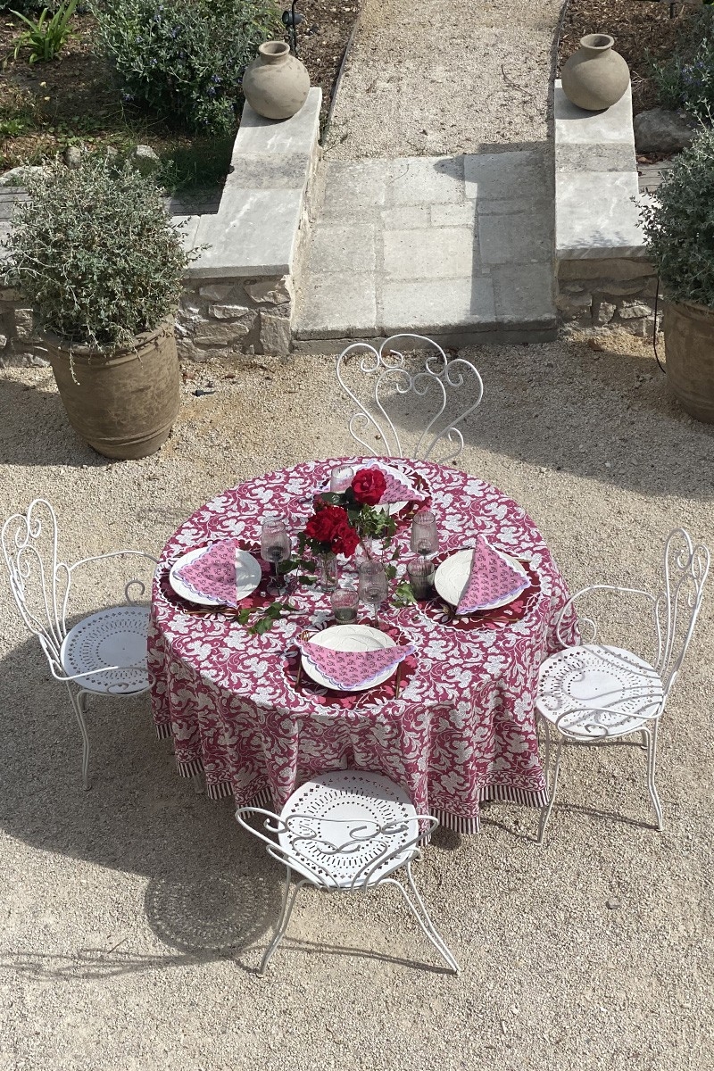 Mantel Pink Lady – burdeos/blanco – 100% algodón – estampado floral – estilo boho chic – Jardín Botánico – Miss June Paris – 2