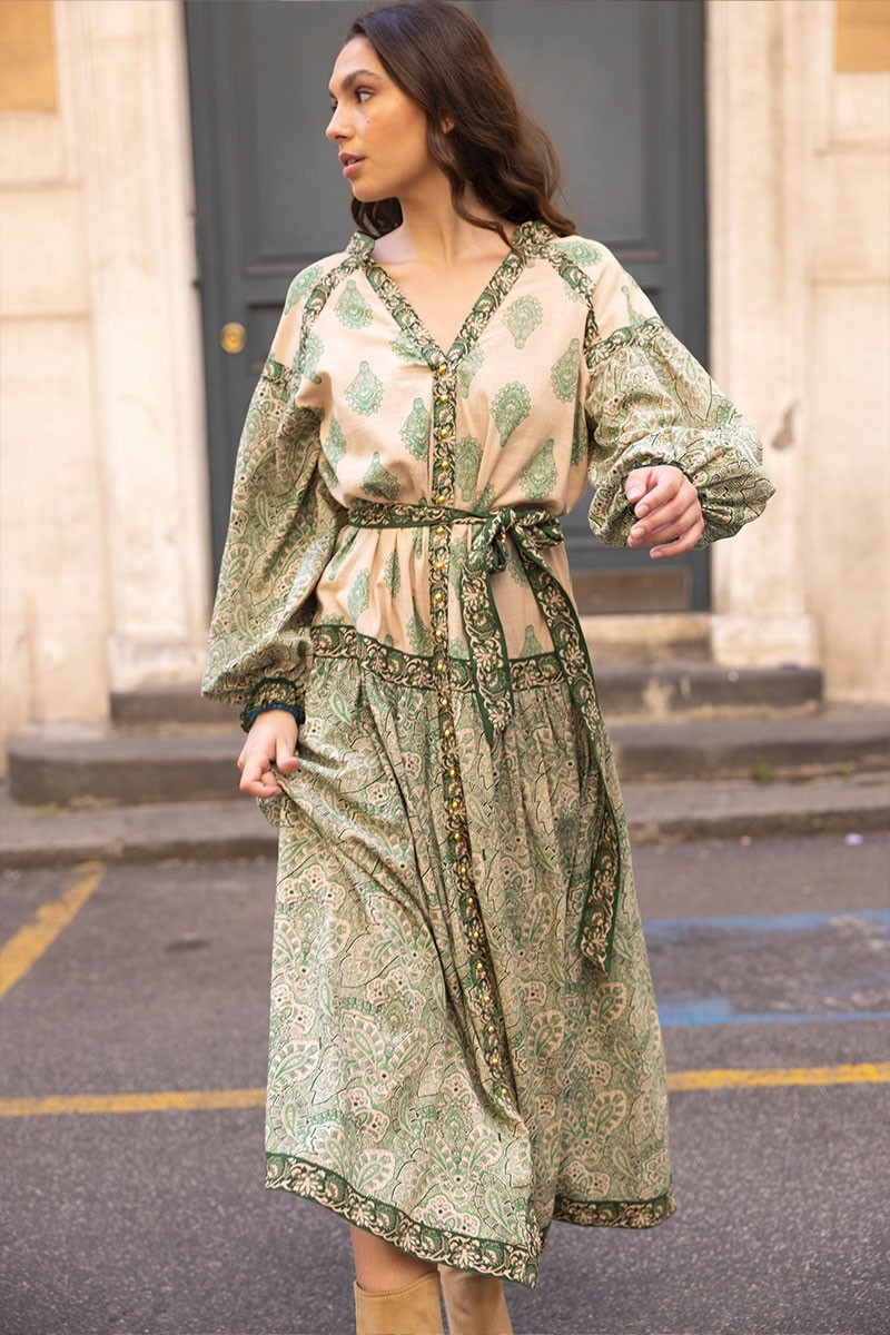 vestido largo verde bohemio manga larga ISABELA - Miss June