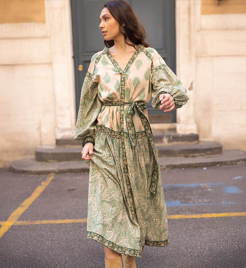 vestido largo verde bohemio manga larga ISABELA - Miss June