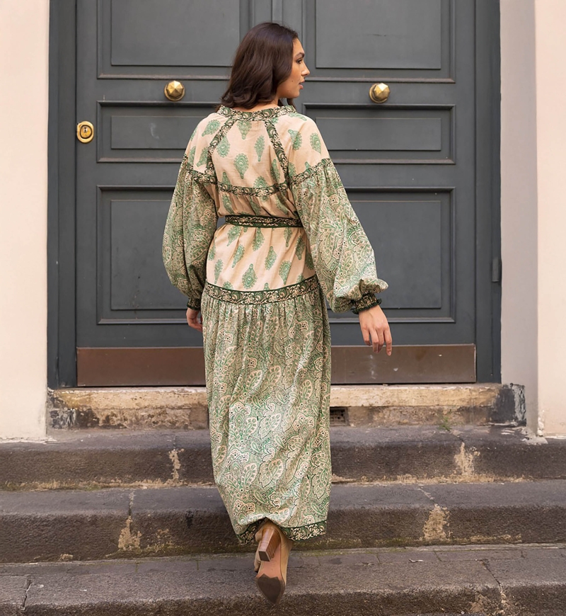 robe longue manche longue boheme verte ISABELA - Miss June