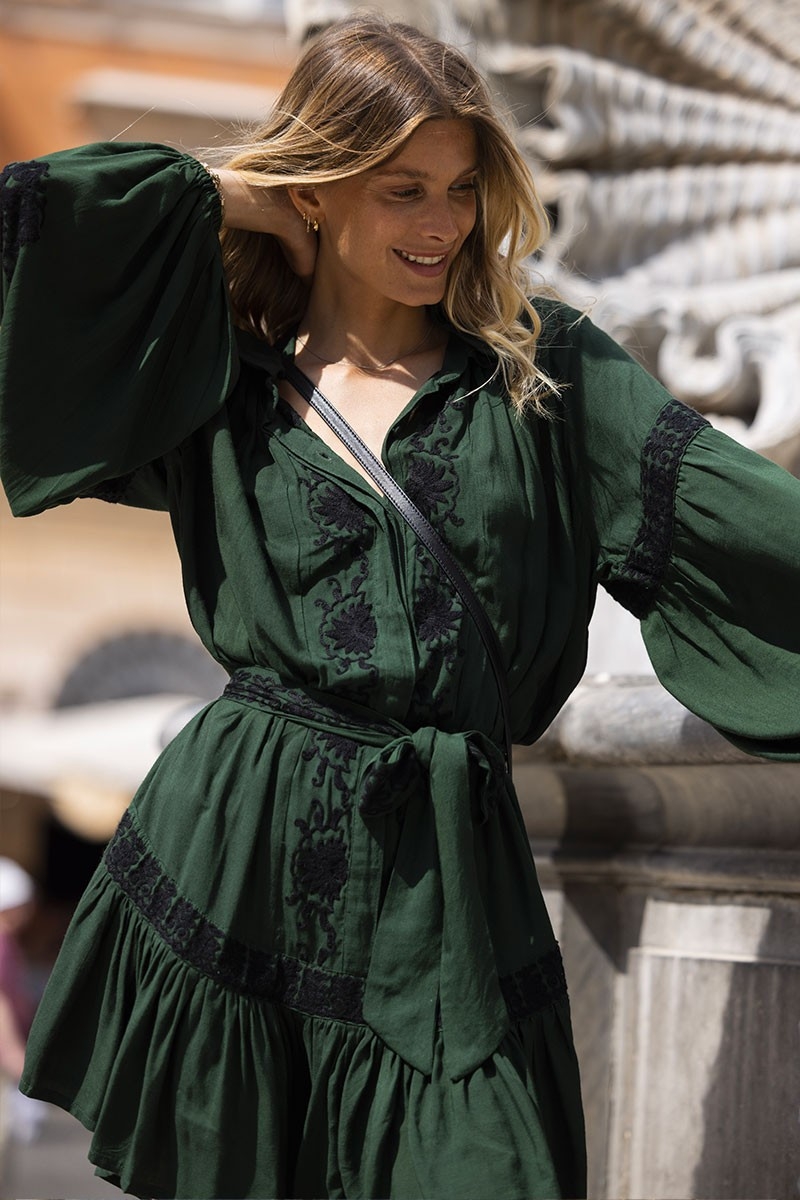 vestido corto verde bohemio chic manga corta DINA - Miss June