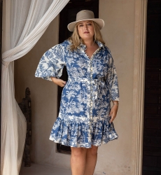 Short Dress Eleanor – ecru/blue – tropical print – long sleeves – matching belt – bohemian – XXL - Miss June Paris – 4