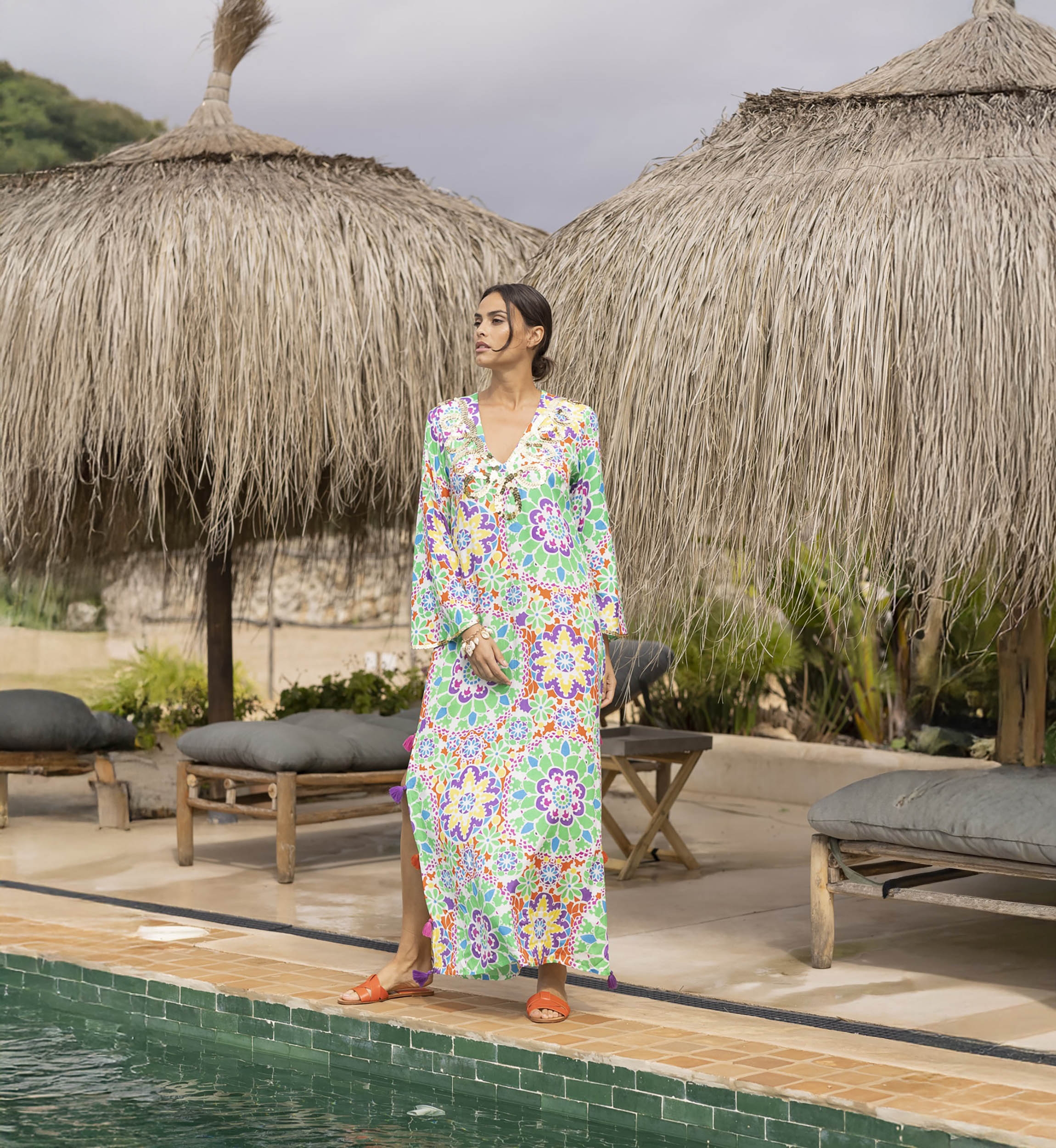 Long dress GUELIZ: green/orange color - decorated yoke - floral details - long bohemian sleeves - Miss June Paris - 2