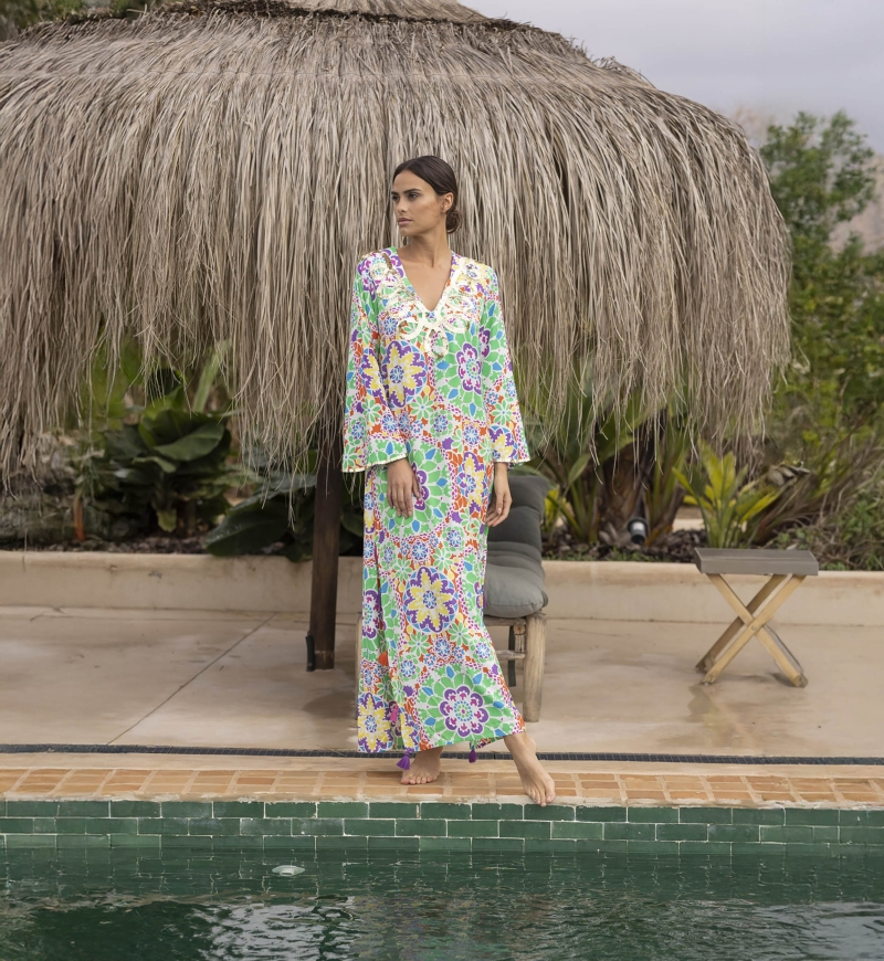 Long dress GUELIZ: green/orange color - decorated yoke - floral details - long bohemian sleeves - Miss June Paris - 3