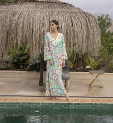 Long dress GUELIZ: green/orange color - decorated yoke - floral details - long bohemian sleeves - Miss June Paris - 3