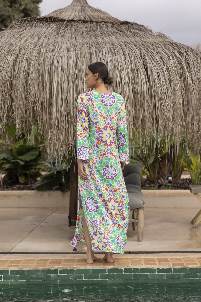 Long dress GUELIZ: green/orange color - decorated yoke - floral details - long bohemian sleeves - Miss June Paris - 4