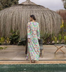 Vestido largo GUELIZ: color verde/naranja - pechera decorada - detalles florales - manga larga bohemia - Miss June Paris - 4