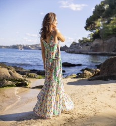 Vestido largo INNIKA: color naranja/verde - pechera decorada - detalles florales - tirantes finos - Miss June Paris - 1