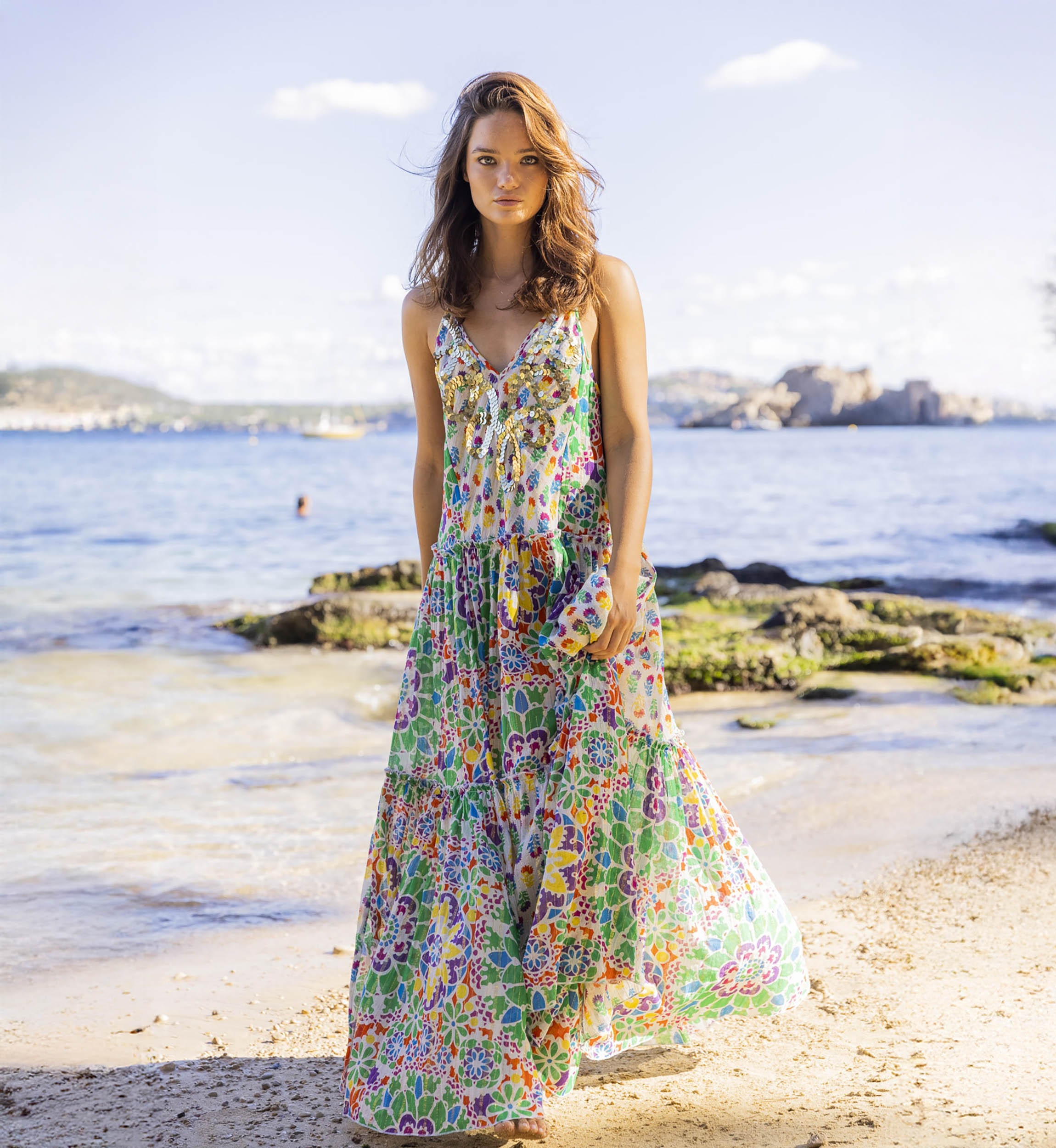 Long dress INNIKA: orange/green color - decorated yoke - floral details - thin straps - Miss June Paris - 2