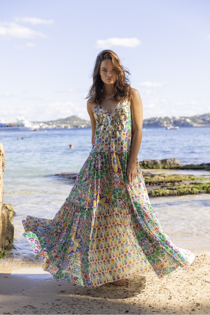 robe longue INNIKA: couleur orange/verte - plastron decoré - détails floraux - bretelles fines - Miss June Paris - 3