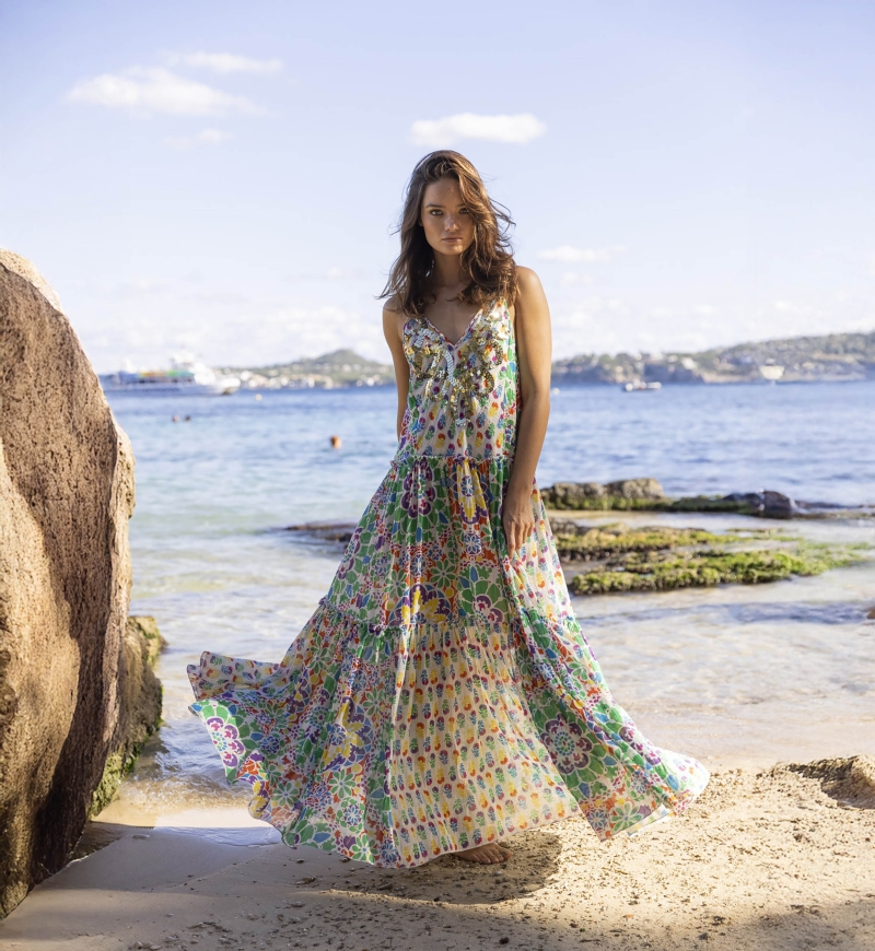 Long dress INNIKA: orange/green color - decorated yoke - floral details - thin straps - Miss June Paris - 3