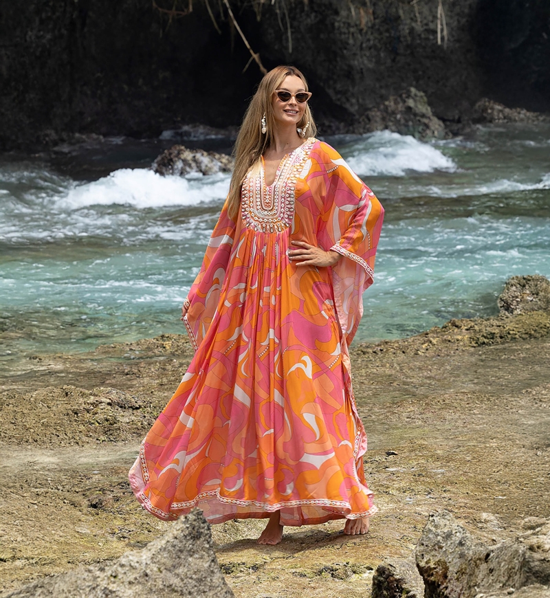 long beach kaftan dresses Silky Kaftan Maxi Dress: Aqua & Gold Tribal Print Resort Wear