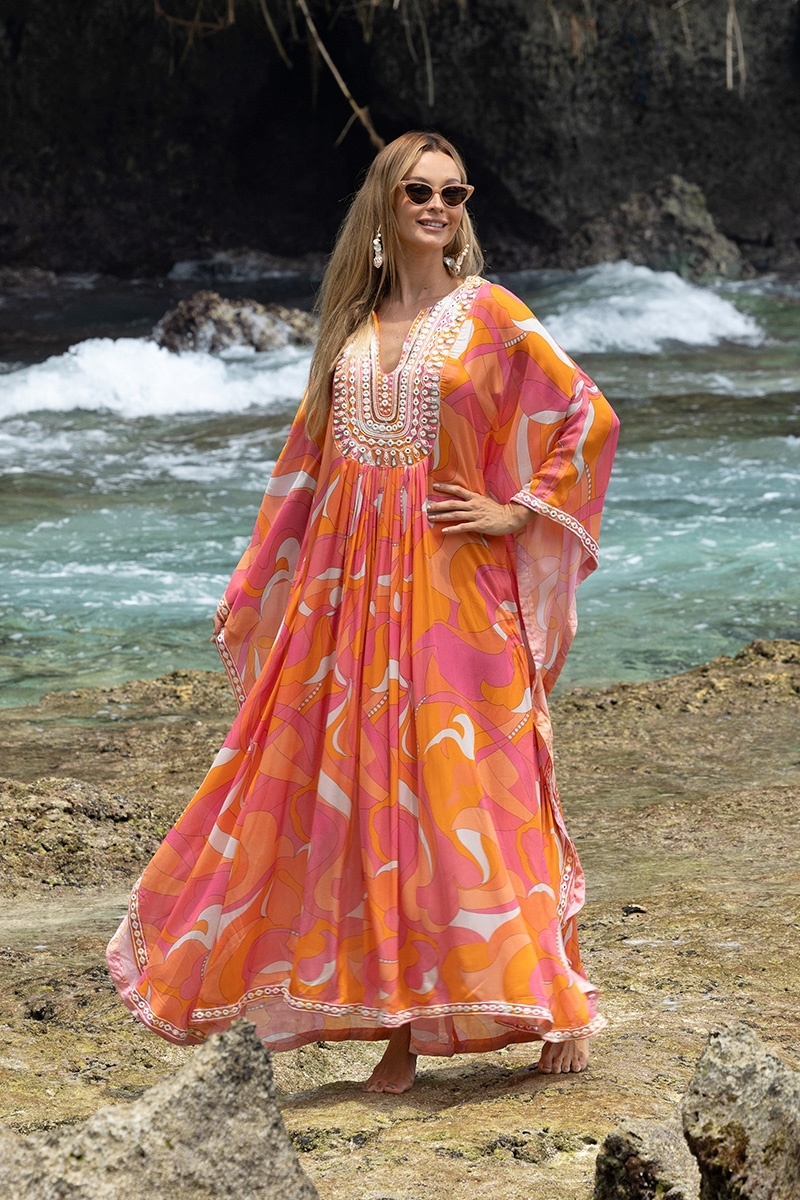 Cassia Long Caftan - Fuchsia/Pink/Orange - Decorated Plastron - Long Sleeves - Bohemian Style - Miss June Paris - 1