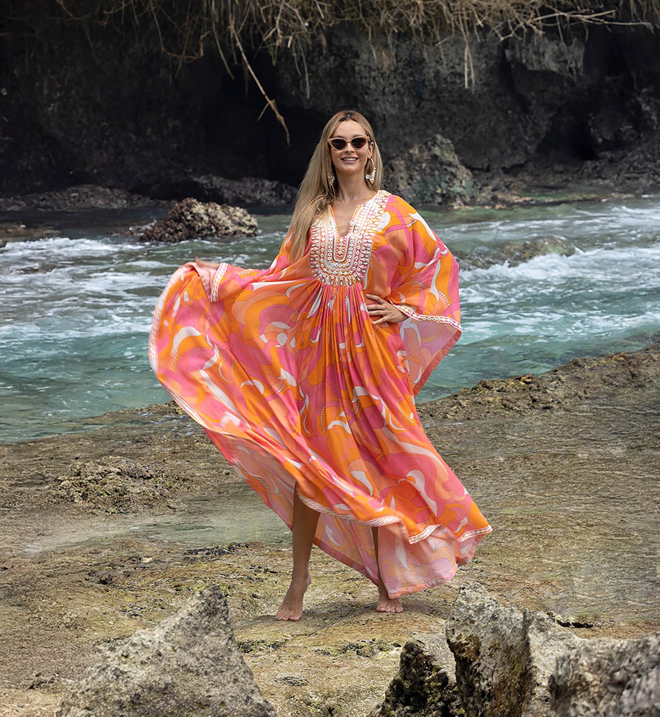 caftan long CASSIA - rose/orange - plastron decorés - manche longue - style boheme - Miss June Paris - 2