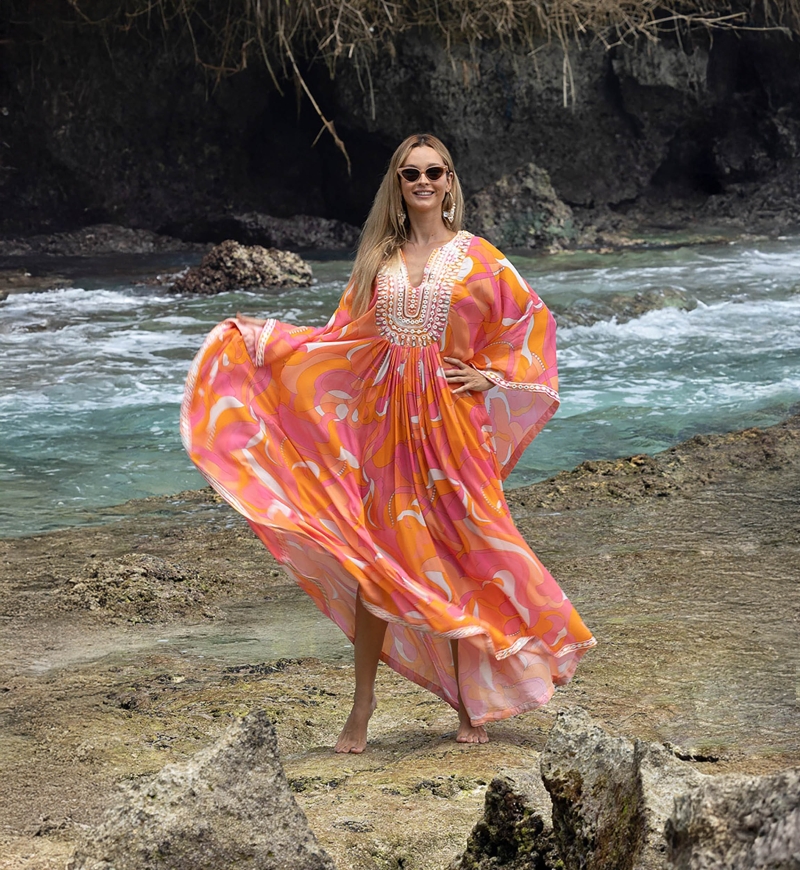 Cassia Long Caftan - Pink/Orange - Decorated Plastron - Long Sleeves - Bohemian Style - Miss June Paris
