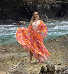 caftan long CASSIA - rose/orange - plastron decorés - manche longue - style boheme - Miss June Paris - 2