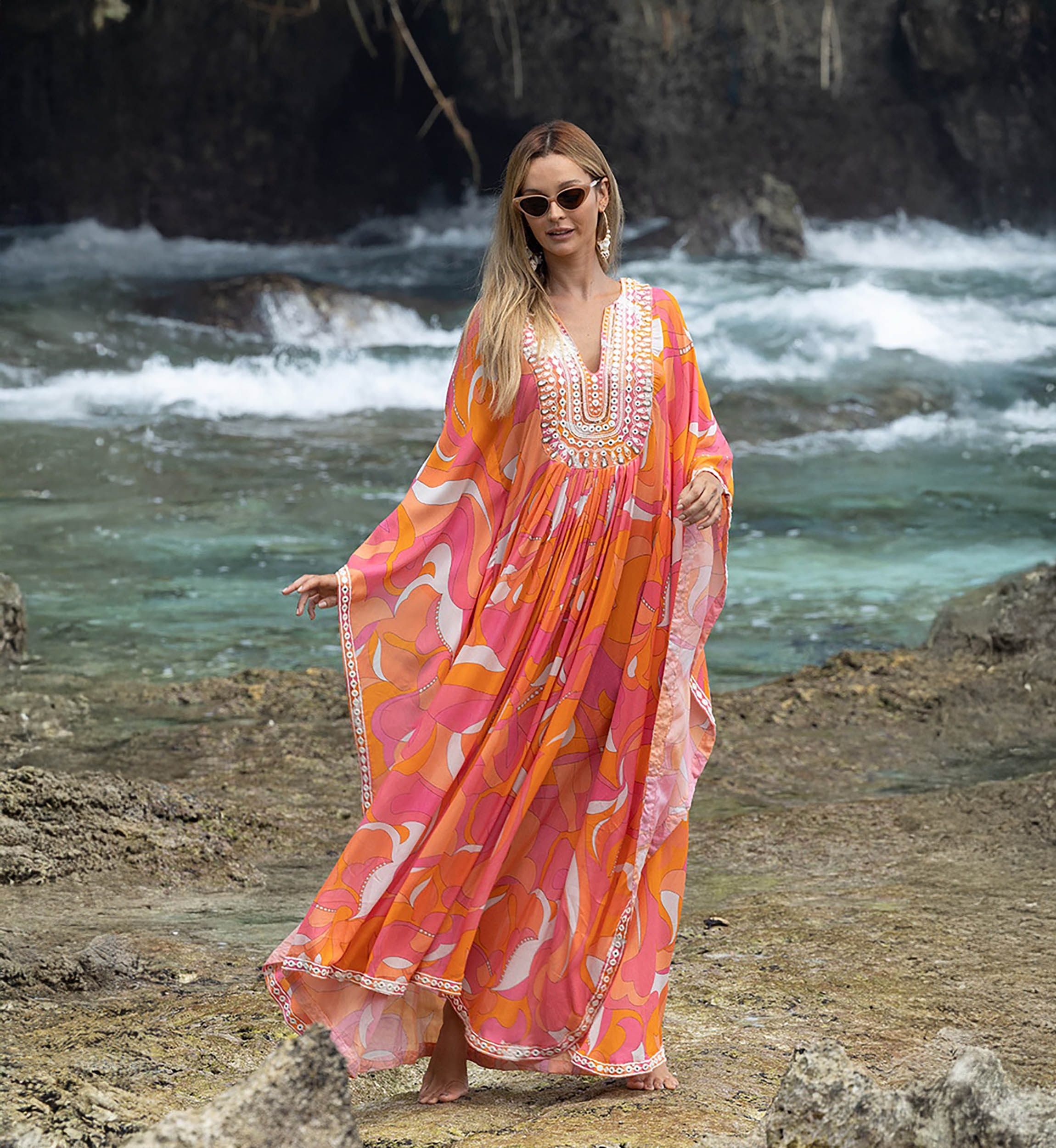 caftan long CASSIA - rose/orange - plastron decorés - manche longue - style boheme - Miss June Paris - 3