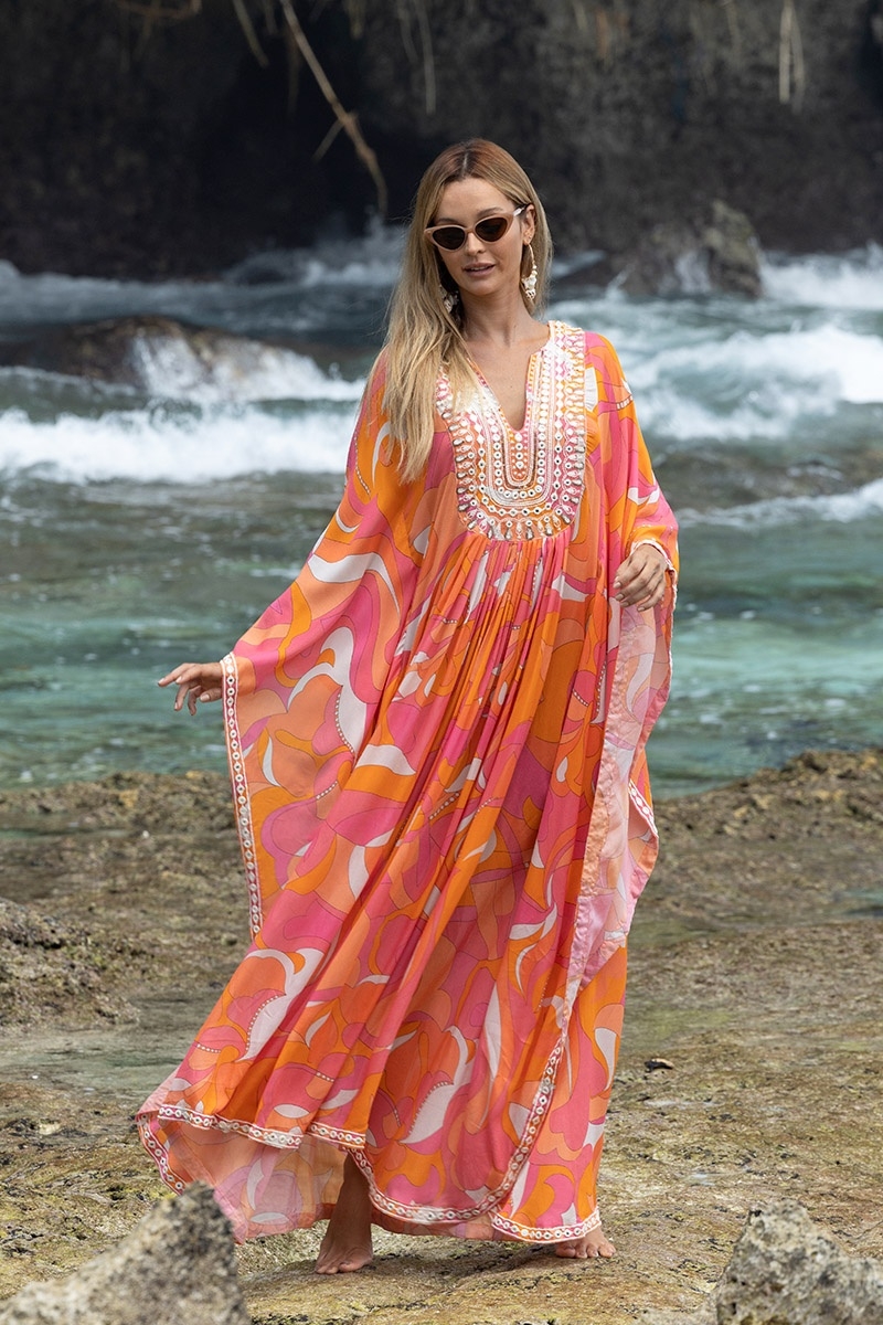 Cassia Long Caftan - Pink/Orange - Decorated Plastron - Long Sleeves - Bohemian Style - Miss June Paris - 3