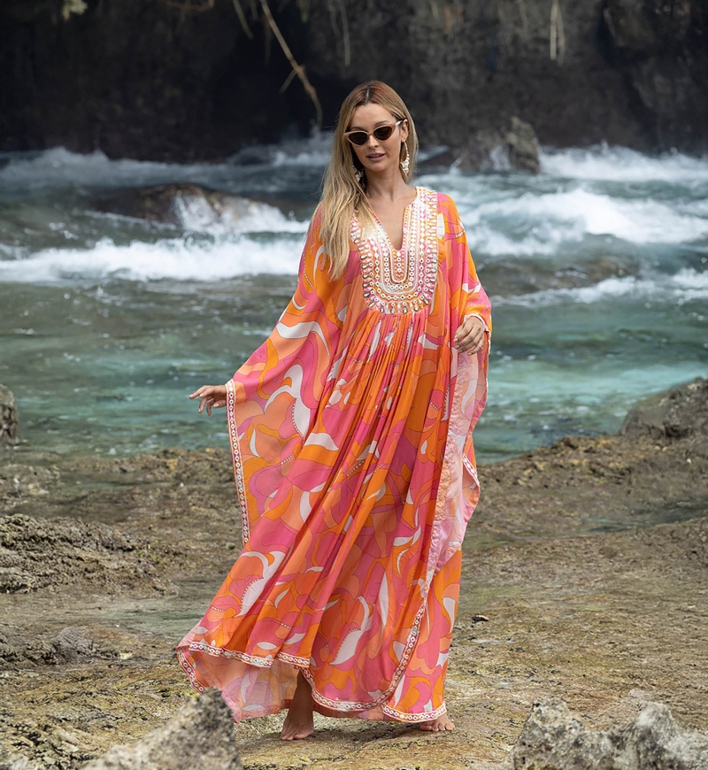 caftan long CASSIA - rose/orange - plastron decorés - manche longue - style boheme - Miss June Paris - 3