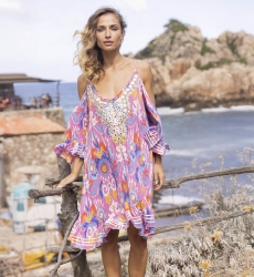 robe courte BIRDS : couleur rose - plastron brodé - boheme  - Miss June Paris - 2
