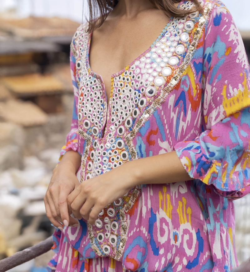 Mini vestido FRESH: color rosa/azul - pechera decorada - bordados - manga larga bohemia - Miss June Paris - 3