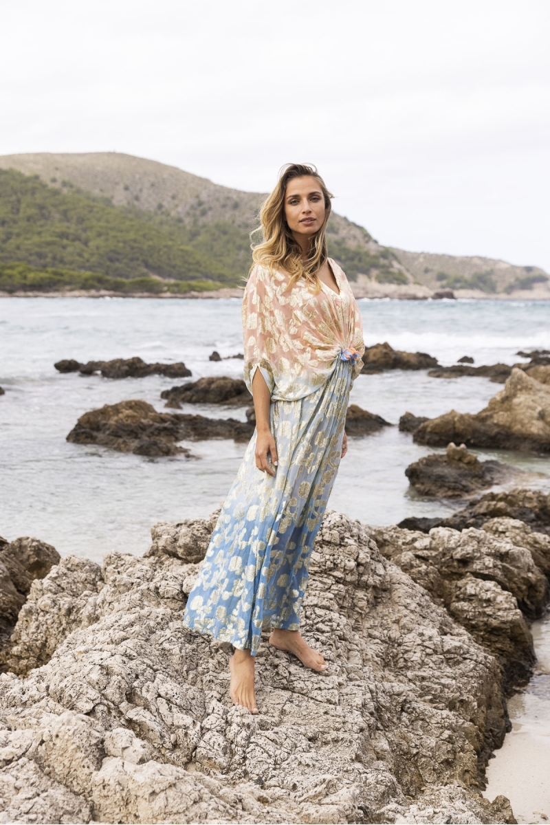 Pastel Long Caftan - Peach Gradient Blue - Golden Details - Long Sleeves - Miss June Paris - 2