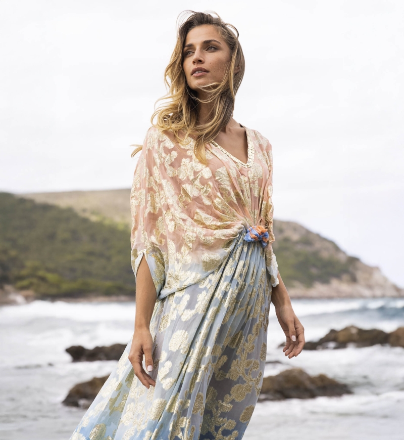 Pastel Long Caftan - Peach Gradient Blue - Golden Details - Long Sleeves - Miss June Paris - 4