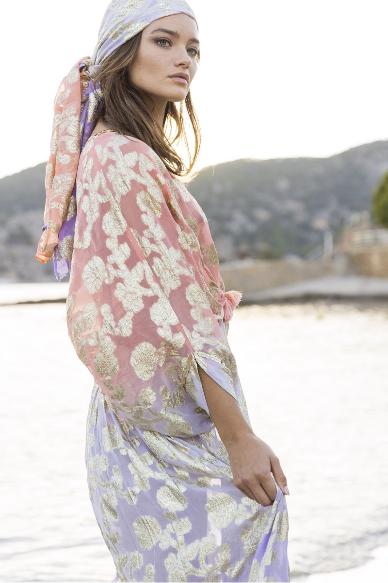 Pastel Long Caftan - Peach Gradient Lilac - Golden Details - Long Sleeves - Miss June Paris - 1