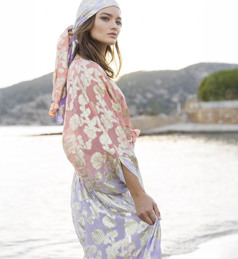 Pastel Long Caftan - Peach Gradient Lilac - Golden Details - Long Sleeves - Miss June Paris - 1