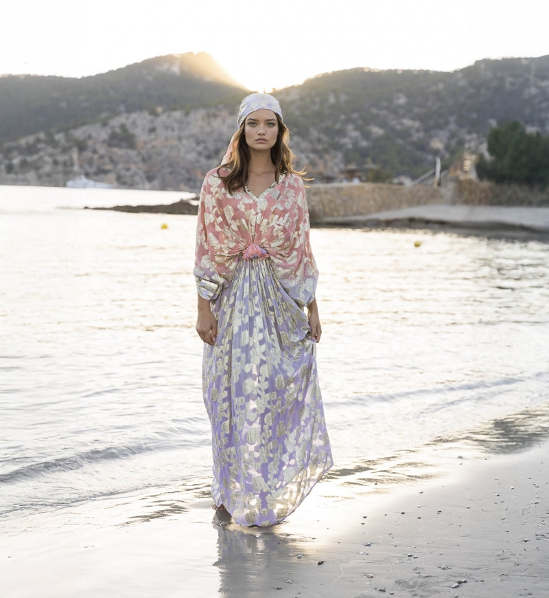 Caftan Long Pastel - pêche dégradé lilas- détails dorés - manches longues - Miss June Paris - 2