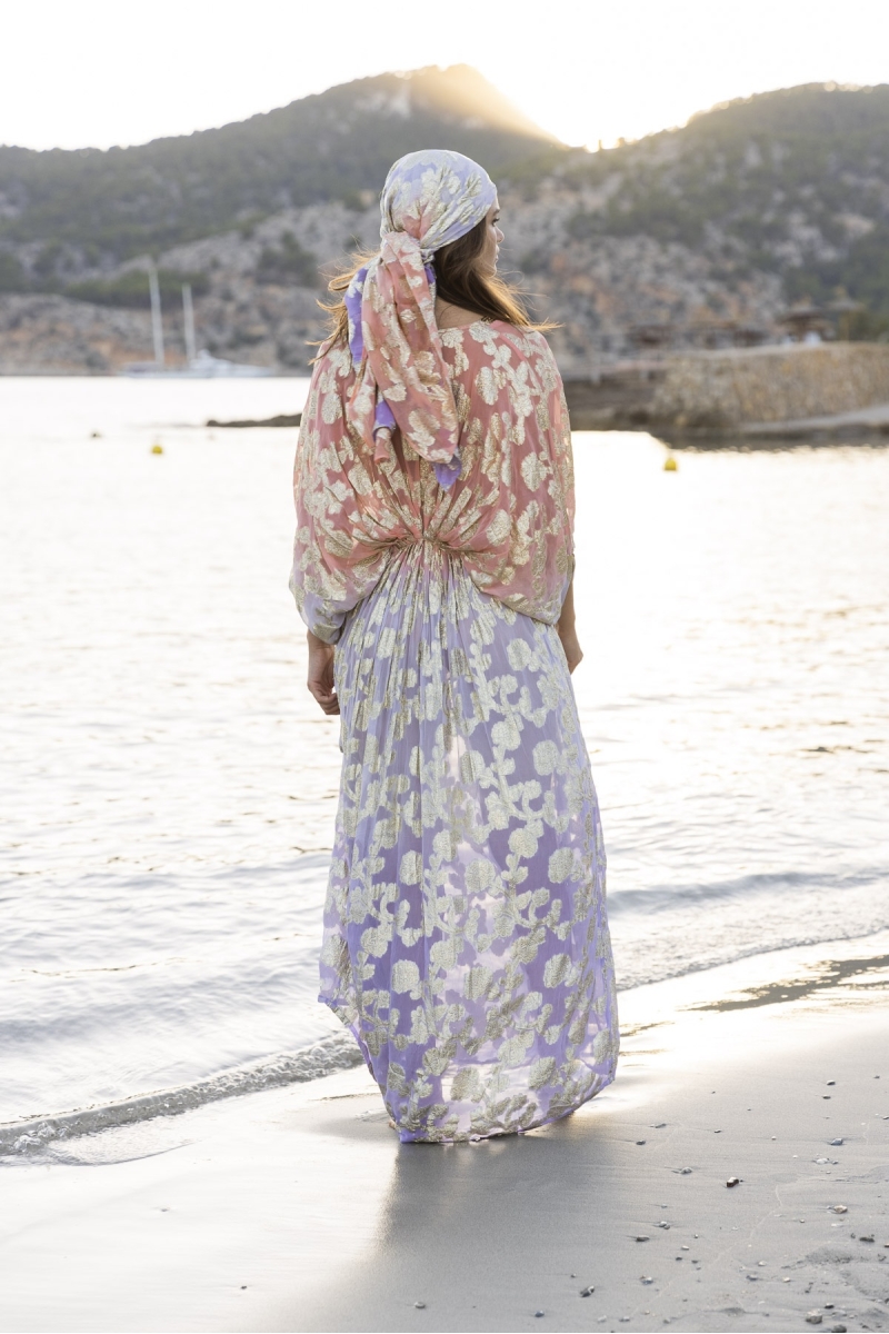 Caftan Long Pastel - pêche dégradé lilas- détails dorés - manches longues - Miss June Paris - 3