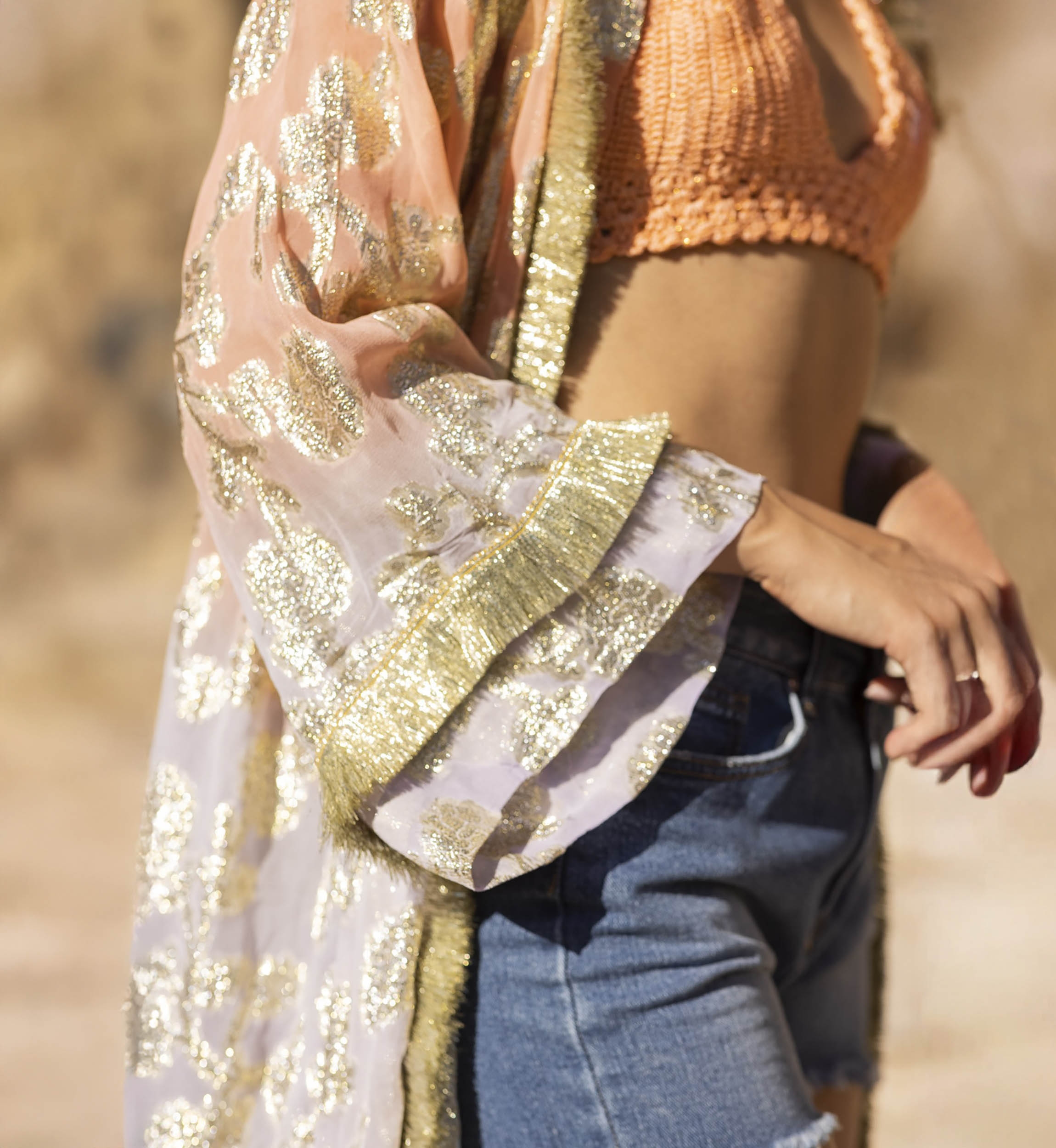 Kimono Largo Shabby - Melocotón Degradado Lila - Detalles Dorados - Mangas Largas - Miss June Paris - 1