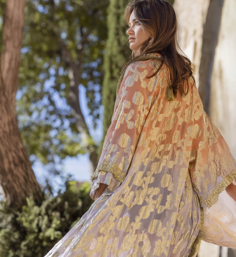 Kimono Long Shabby - pêche dégradé lillac - détails dorés - manches longues - Miss June Paris - 3