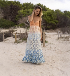 Robe Longue Marley - pêche dégradé bleu - details dorés - haut en crochet - Miss June Paris - 1