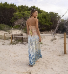 Robe Longue Marley - pêche dégradé bleu - details dorés - haut en crochet - Miss June Paris - 2