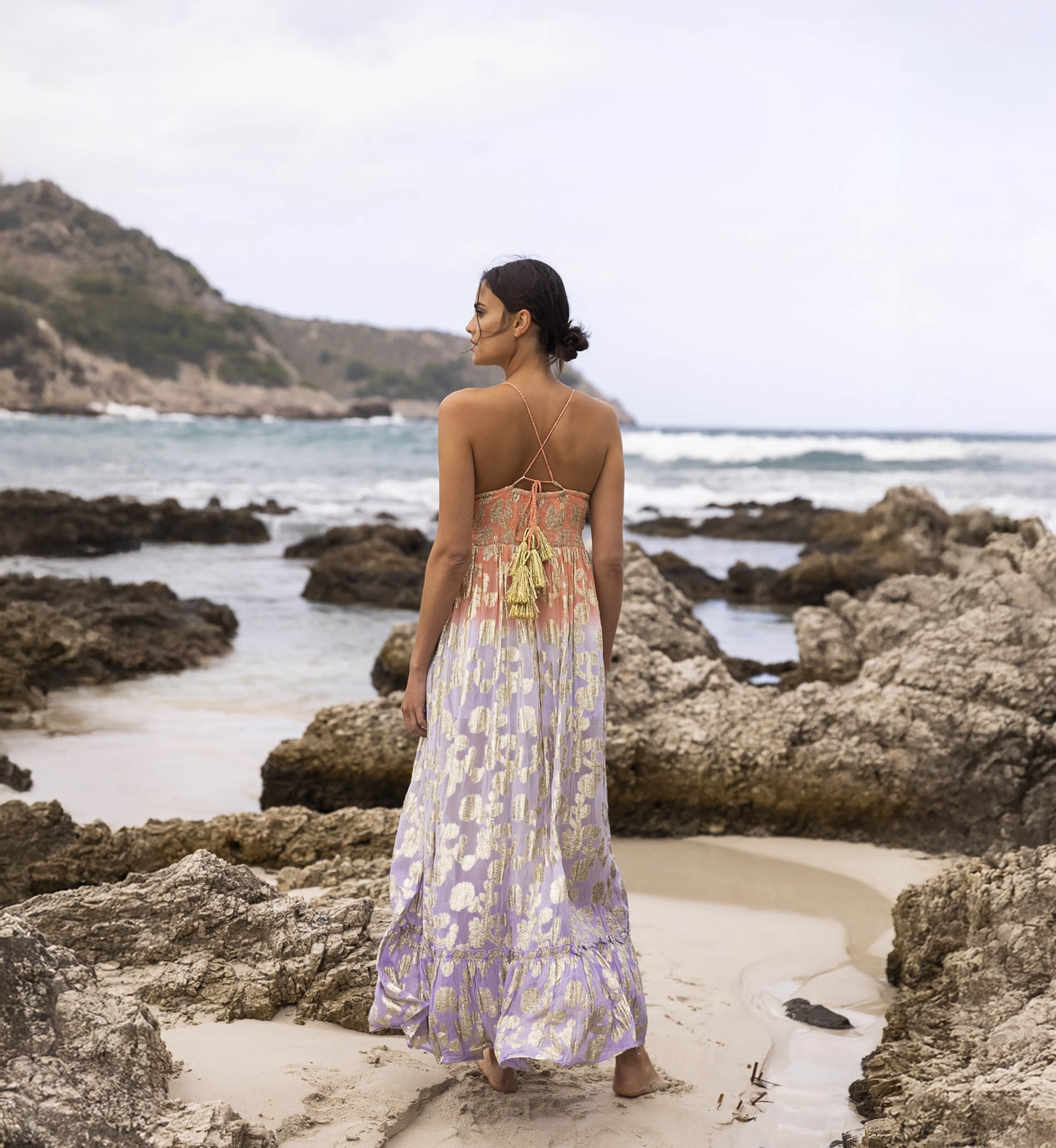 Marley Long Dress - Peach Gradient Lilac - Golden Details - Crochet Top - Miss June Paris - 1