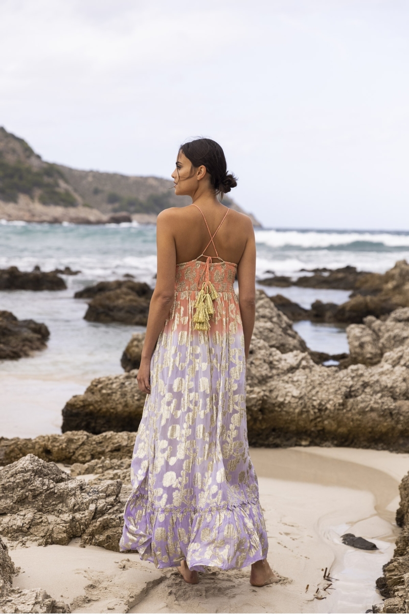 Robe Longue Marley - pêche dégradé lilas - details dorés - haut en crochet - Miss June Paris - 1