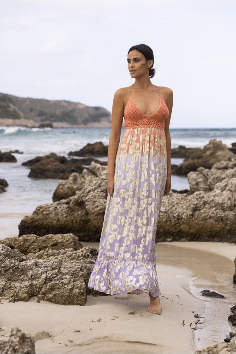 Robe Longue Marley - pêche dégradé lilas - details dorés - haut en crochet - Miss June Paris - 2