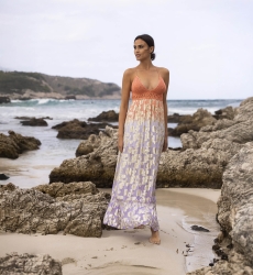 Robe Longue Marley - pêche dégradé lilas - details dorés - haut en crochet - Miss June Paris - 2