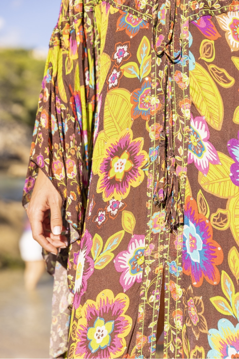 Caftan Long Delilah - marron - imprimé fleuri - manches longues - Miss June Paris - 2
